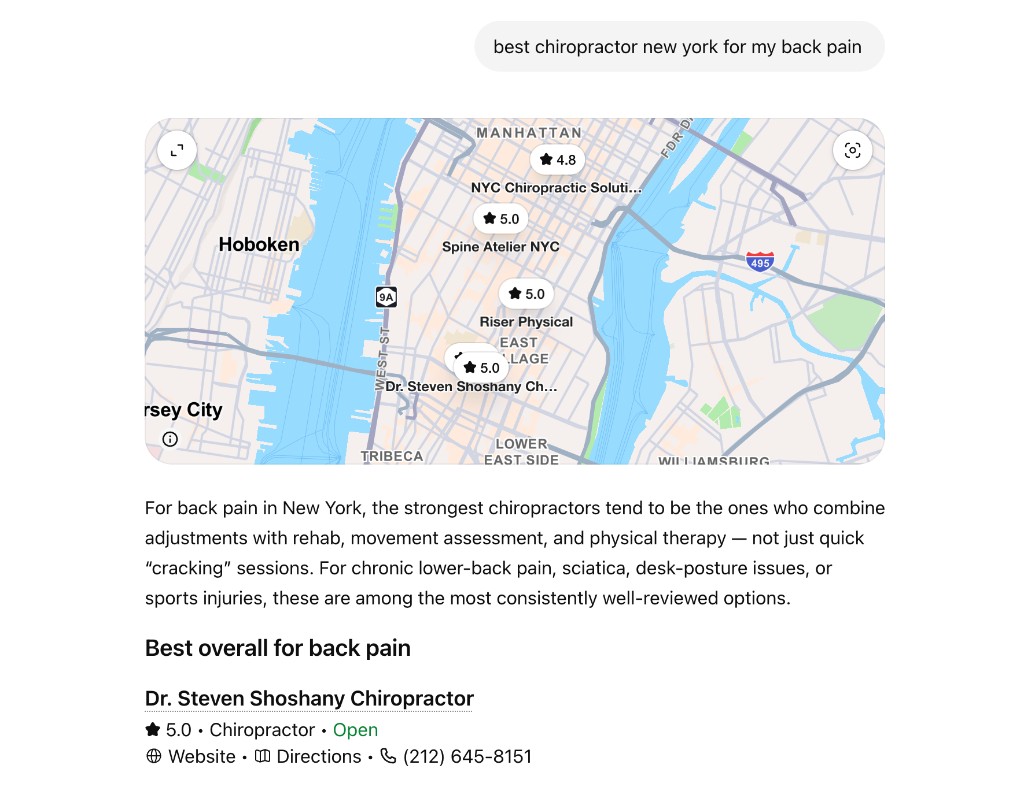 ChatGPT featuring Dr. Steven Shoshany as best chiropractor in New York for back pain