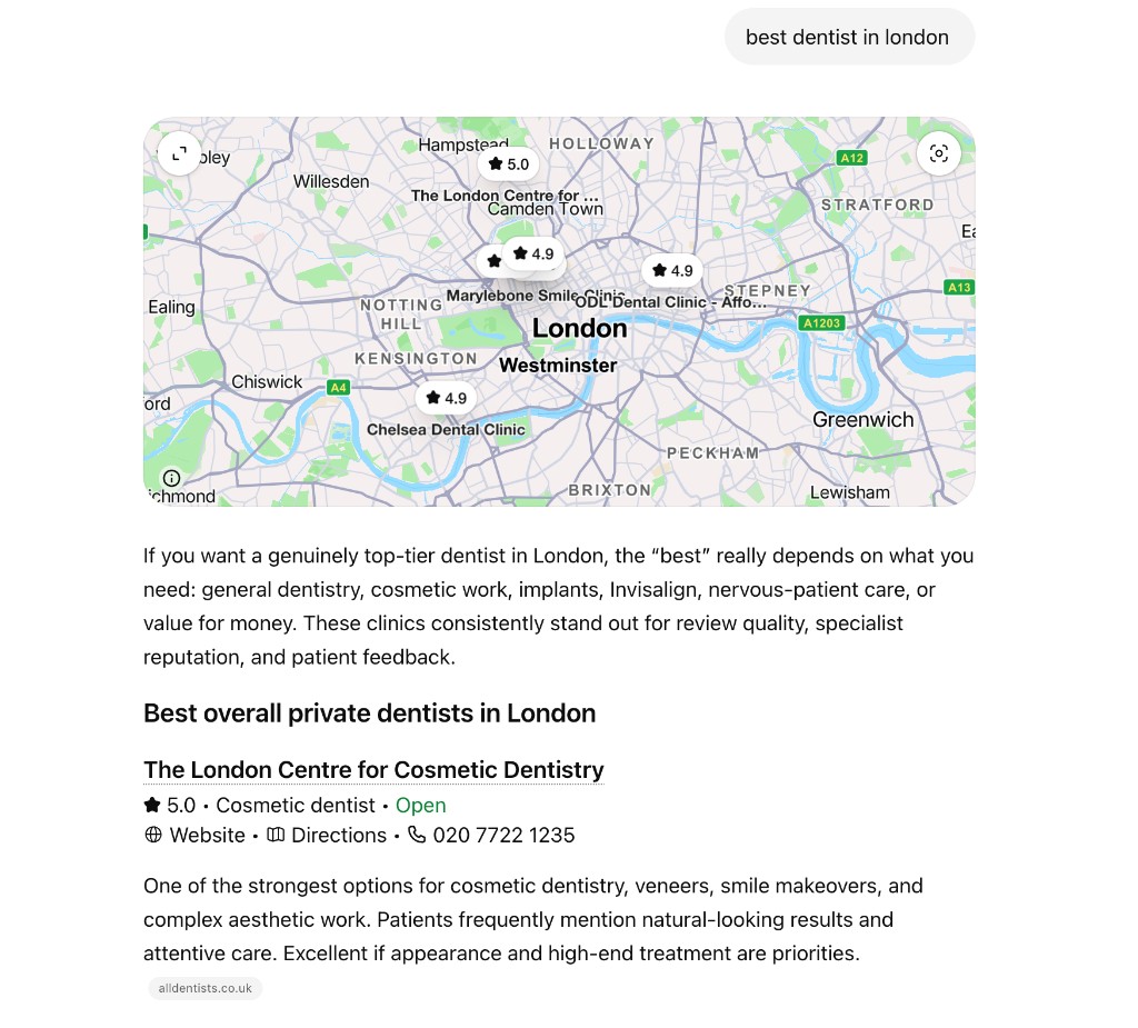 ChatGPT map and listing for The London Centre for Cosmetic Dentistry — best dentist in London