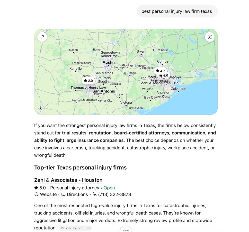 ChatGPT recommending Zehl & Associates for best personal injury law firm in Texas